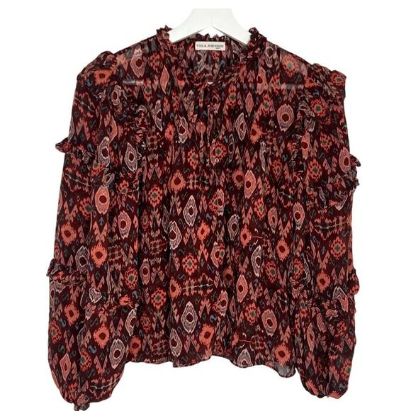 Ulla Johnson Miray Silk Horizon Long Sleeve Ruffle Trim Blouse Garnet Women's 2 - Picture 3 of 14
